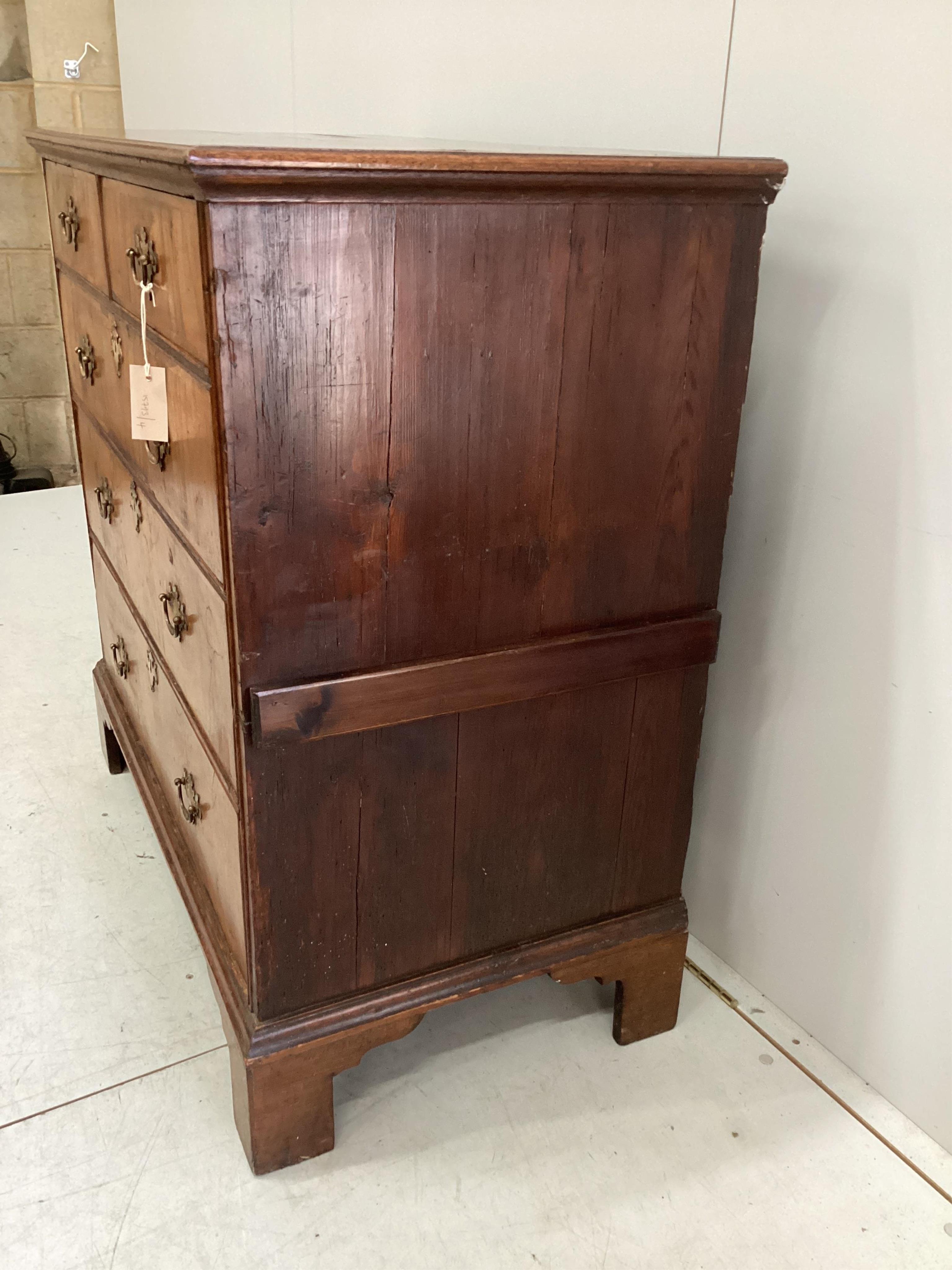 An 18th century oak and walnut, pine sided five drawer chest, width 99cm, depth 54m, height 100cm. Condition - fair to good